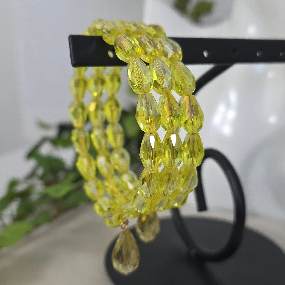 Yellow AB Crystal Coil Spiral Wrap Bracelet with Teardrop Charms